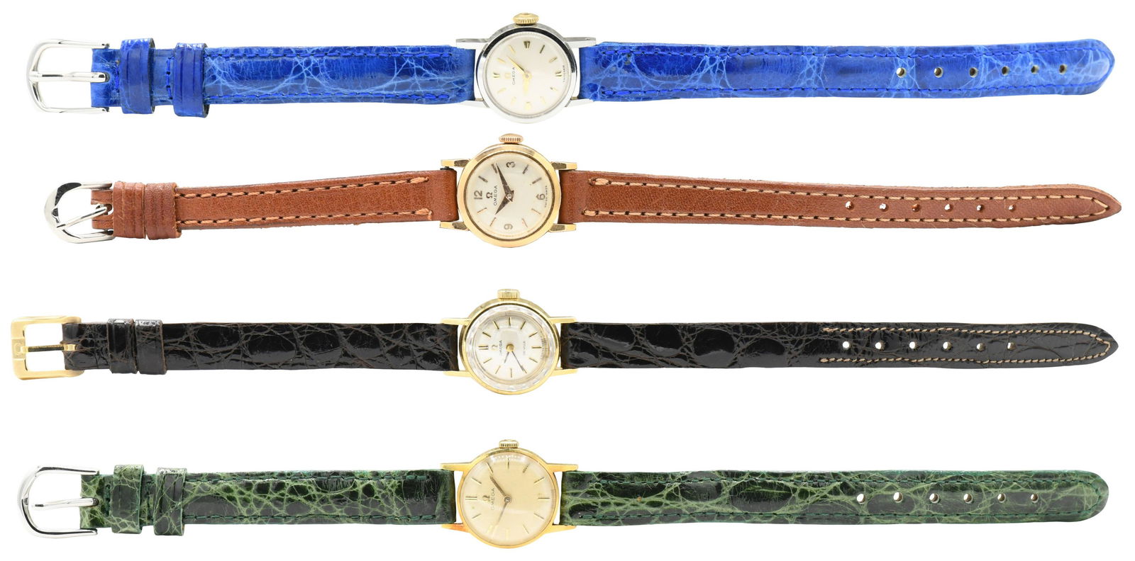 Group of Omega Watches: Group of Omega Watcheseach watch of similar designthree watches are 14k yellow gold filled, the other watch is stainless steelcases are 19 mmgenuine crocodile bands9 1/8 inches (longest watch)47.0 gra