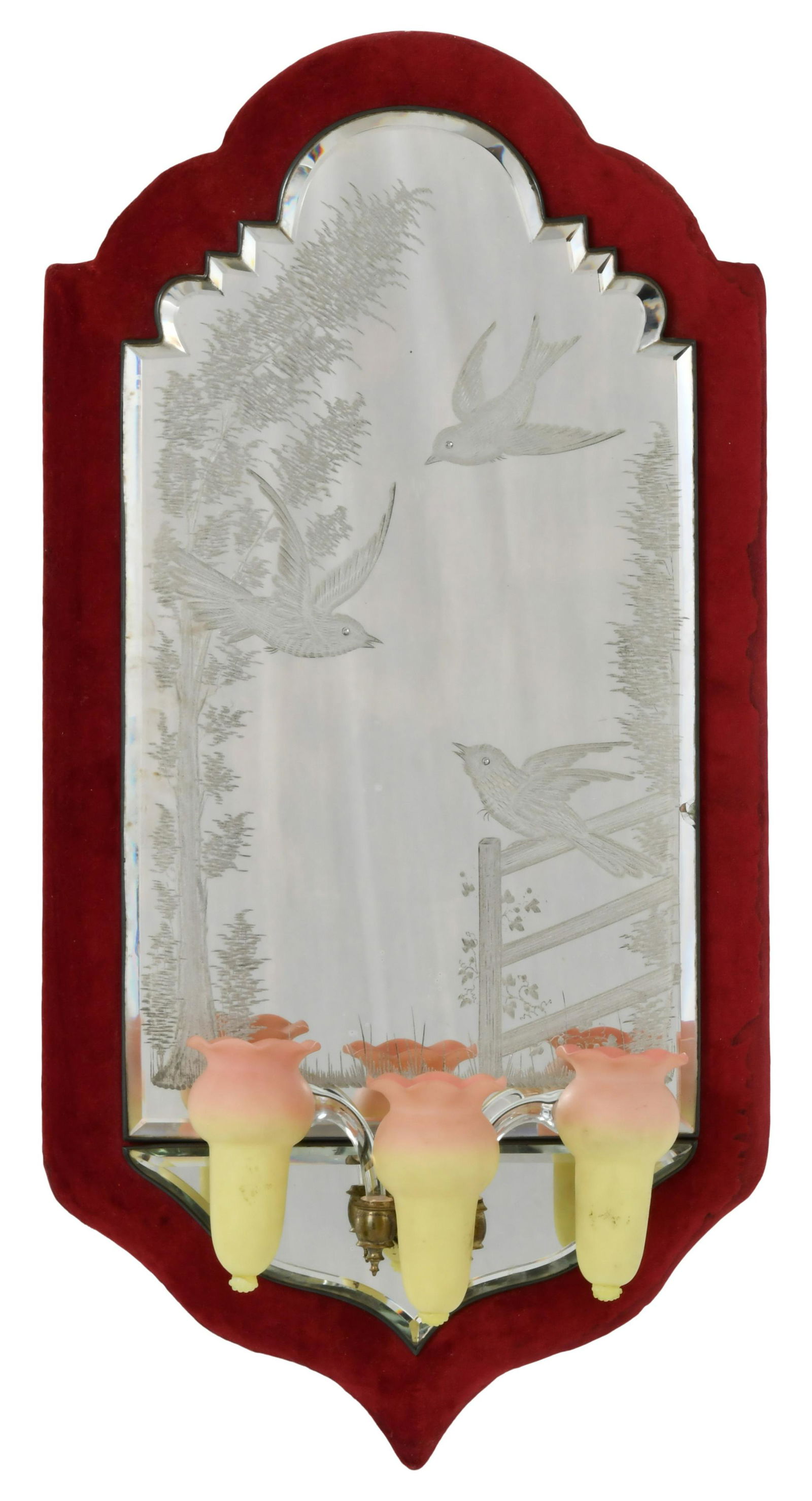 Thomas Webb & Sons Wall Mirror with "Queen Burmese" Holders: Thomas Webb & Sons Wall Mirror with "Queen Burmese" Holders19th centurythe mirror decorated with birds amongst trees, the three bud holders supported by curved glass arms25 x 13 x 6 inches