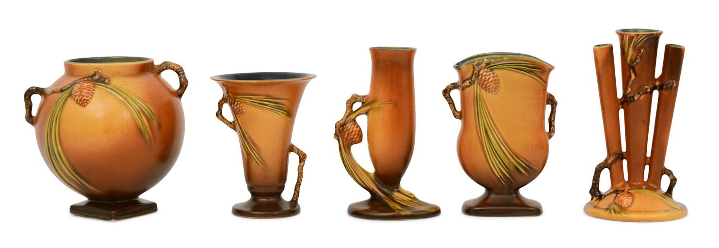 Five Roseville Pottery "Pinecone" Vases (0152) on Dec 03, 2022