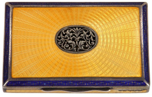 French Silver & Enamel Cigarette Case: French Silver & Enamel Cigarette Case. Fine canary yellow turned enamel design throughout, the lid has a cobalt border and is centered with a medallion of fine pierced filigree. French .900 silver hal