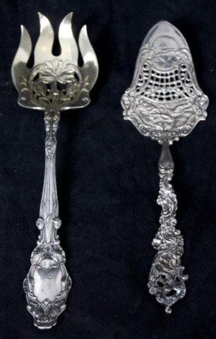 2 Sterling Silver Serving Pieces: 2 Sterling Silver Serving Pieces. The first is a serving fork signed Gorham, the Virginiana pattern; the second is a cake server signed Marshall Field & Co. Both are in excellent condition, total weig