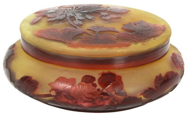 Galle Cameo Cut Dresser Box: Galle Cameo Cut Dresser Box. Round bulbous box with lid; polished red borders, flowers and leaves on a yellow background. In excellent condition with no breaks, chips, cracks or repairs. 2.5 in. High 