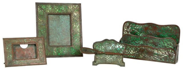 5 Pc. Tiffany Pineedle Desk Set: 5 Pc. Tiffany Pineedle Desk Set. Includes pen rack, calendar frame, letter rack, letter opener, and picture frame. Each piece has some damage to the glass (other than the calendar), the frame is 9.5 i