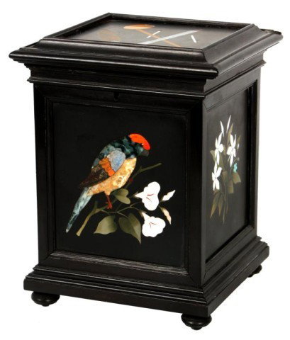 5 Panel Pietra Dura Humidor: 5 Panel Pietra Dura Humidor. The four side panels are decorated with small branches and white flowers with a colorful bird on the front panel; the lid is decorated with a pipe, cigarette, cigar and 2 