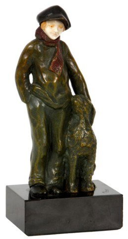 Alfred Jorel Bronze & Ivory Figure: Alfred Jorel (1860-1927, France) Bronze & Ivory Figure - Boy with dog. Beautiful polychromed figure of a boy with his K-9 companion. The boy wears a red scarf and black hat and shoes, with a finely ca
