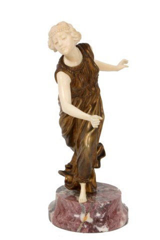 A. Gory Bronze & Ivory Figural Dancer: Affortunato Gory Bronze & Ivory Figural Dancer. Carved ivory, arms, head and feet; the figure wears a gilt bronze dress, has excellent detail and is in excellent condition with no visible breaks or lo