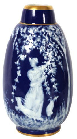 Marcel Chaufriasse Limoges Vase: Marcel Chaufriasse Limoges Vase. A French pate-sur-pate porcelain vase. A wonderful form with a blue background and gilt trim, pate-sur-pate scene with a woman standing under a tree along with 2 goats