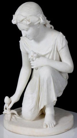 Joseph Mozier Marble Sculpture - Springtime: Joseph Mozier (1812-1870) Marble Sculpture - Springtime. Beautiful pure white marble figure of a girl, kneeling down as she picks a tulip; she wears an elegant dress and her hair is pulled back with a