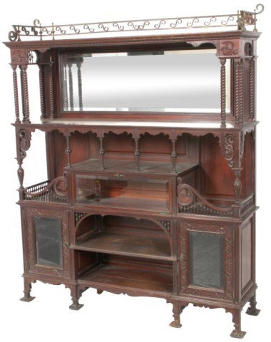 Signed R.J. Horner Etegere: Signed R.J. Horner Etegere. Original finish mahogany with beveled mirrors & curio cabinets standing on 6 finely carved claw feet, intricate spindles and ornate brass gallery. Missing part to gadroonin