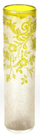 Signed Daum Nancy Cameo Vase: Daum Nancy Cameo Vase. Cylindrical form, yellow cameo flowers and swirling filigree hang from the top border on a clear frosted acid etched background. Signed in gold script on the base, Daum Nancy; n