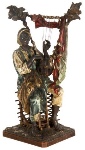 Franz Bergmann Bronze Musician: Franz Bergmann (1861-1936) Figural Cold Painted Austrian Bronze Musician. Figure of a man is seated on a crate, resting in his lap he plays a large stringed instrument; the figure wears colorfully pai