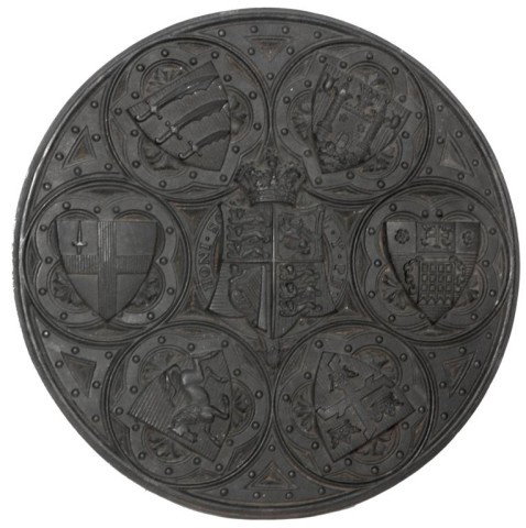Large Round Iron Fireplace Shield: Large Round Iron Fireplace Shield. Heavy iron casting centered with the shield of the United Kingdom Royal Arms, the 3 lion passant representing England, the harp representing Ireland and the rampant 