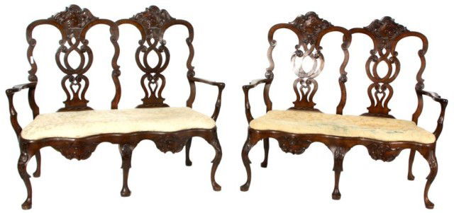 8 Pc. Queen Anne Style Parlor Set: 8 Pc. Queen Anne Style Maple Parlor Set. Pierced carved backs with C-scrolls and swirling leaves, serpentine arms and cabriole legs carved at the knee and Queen Anne style feet. 2 Settees (45 in. x 53