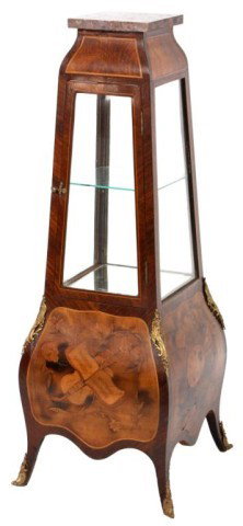 Inlaid French Curio Display: Inlaid French Curio Display. Has a square tapered form with a serpentine style base, large inlaid panels with instruments and sheet music, painters pallet and brushes with floral and leaf surrounding.