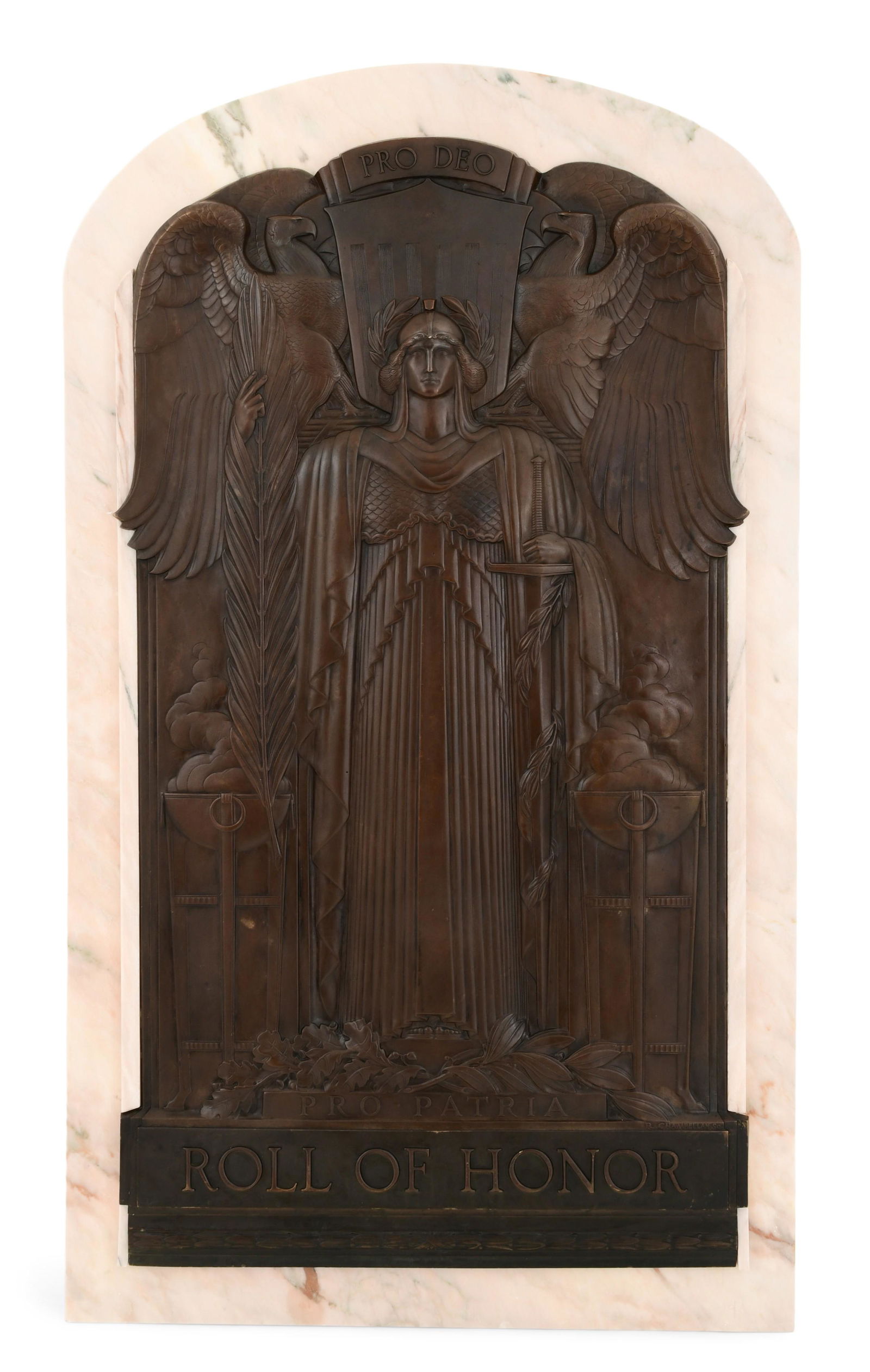 Rene Paul Chambellan (American, 1893-1955), Art Deco Bronze World War II Memorial Plaque with: Rene Paul Chambellan(American, 1893-1955)Art Deco World War II Memorial Plaque with Archangel Michaelpatinated bronze, marblemarked "R. Chambellan, Sc / Pro Deo (For God), Pro Patria (For One's Countr