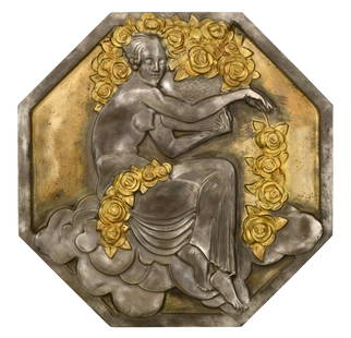 Pierre Turin (French, 1891-1968), Large Art Deco Octagonal Plaque of a Woman, Made for the: Pierre Turin(French, 1891-1968)Large Art Deco Octagonal Plaque of a Woman, Made for the International Exhibition of Modern Decorative and Industrial Arts (Paris, 1925)gilt and silvered bronzesigned "P