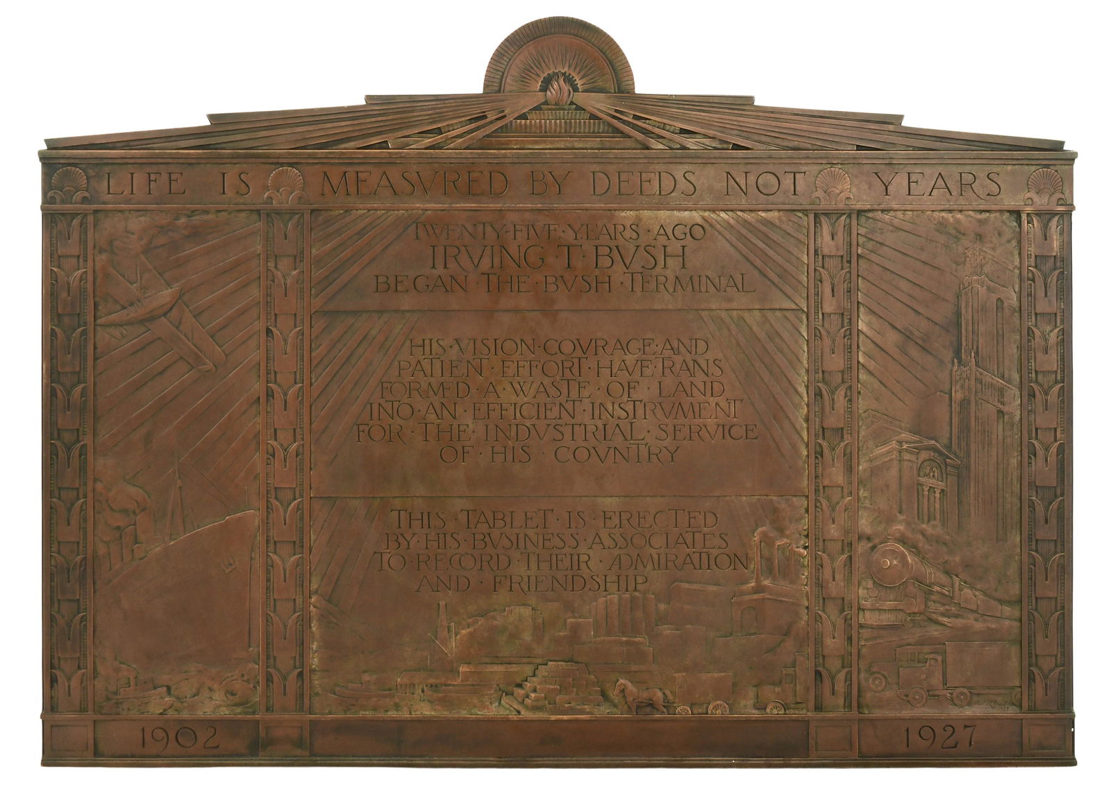 Rene Paul Chambellan (American, 1893-1955), Art Deco Bronze Presentation Plaque for Irving T. Bush: Rene Paul Chambellan(American, 1893-1955)Art Deco Presentation Plaque for Irving T. Bushcirca 1927bronzesigned and dated "Rene Chambellan, 1927"the plaque reads: "Life Is Measured By Deeds Not Years /