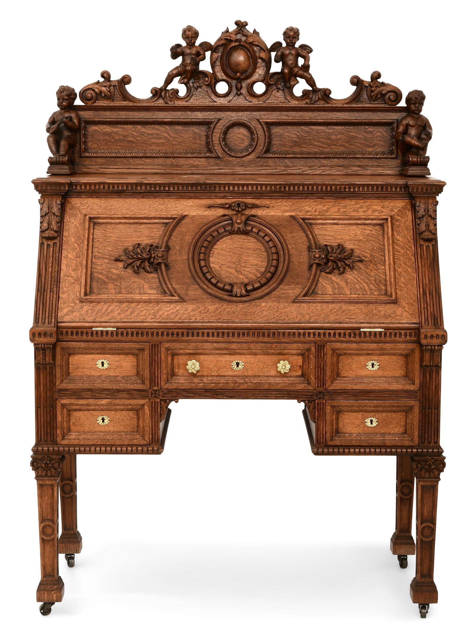 American Figural Carved Oak Drop-Front Desk (1 of 10)