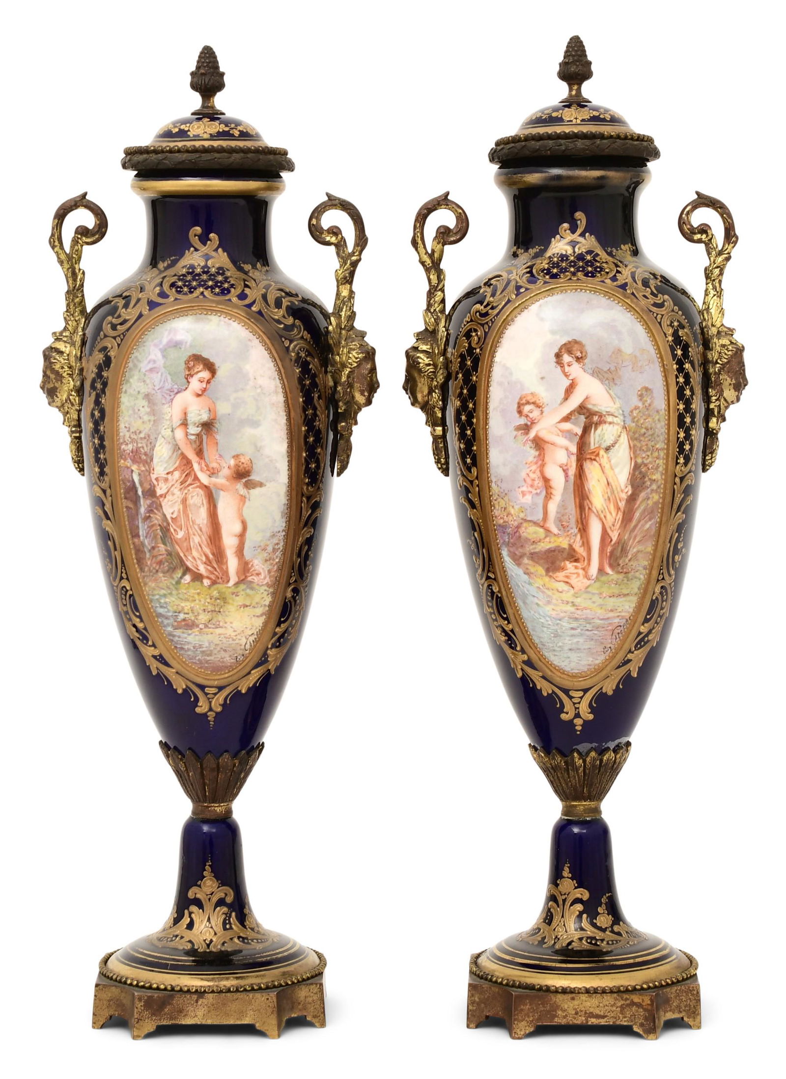 Pair of Sèvres-Style Gilt Bronze-Mounted Porcelain Urns (1 of 11)