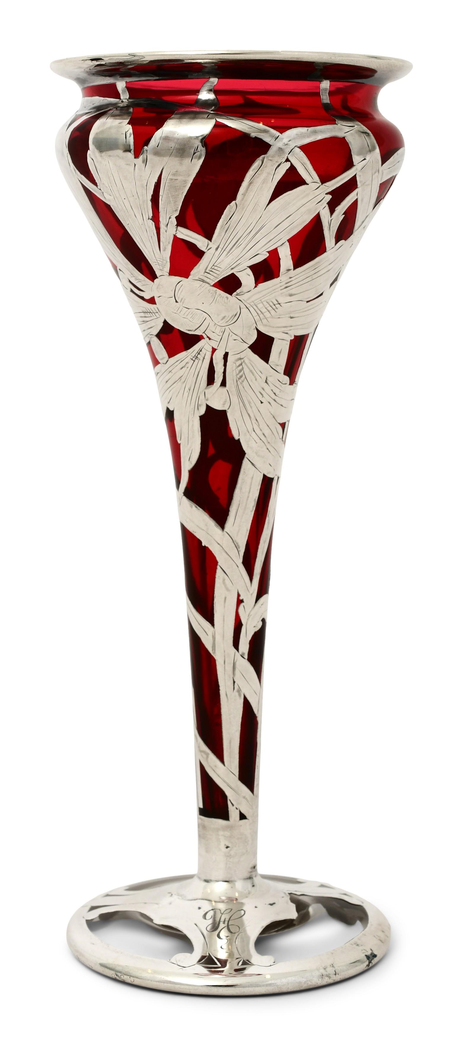 American Silver Overlay Cranberry Glass Vase (1 of 5)