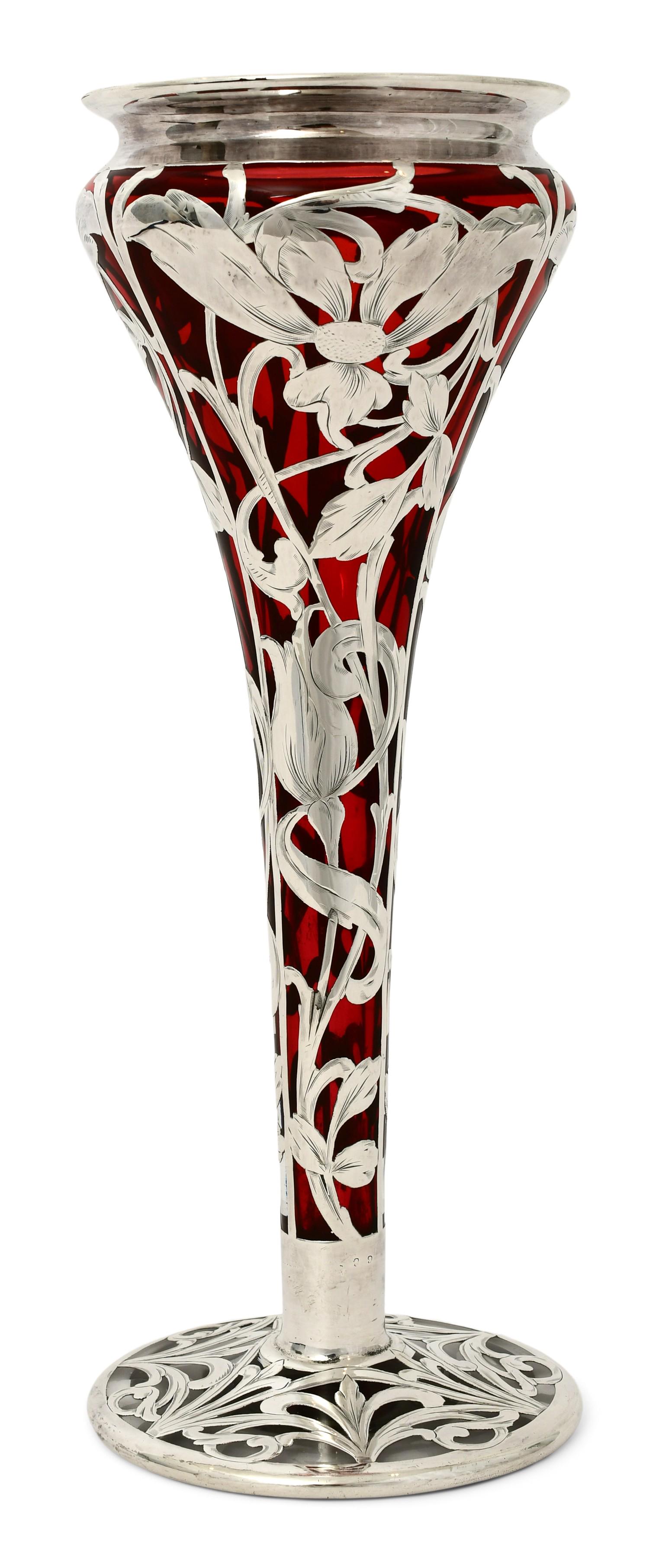 American Silver Overlay Cranberry Glass Vase (1 of 5)