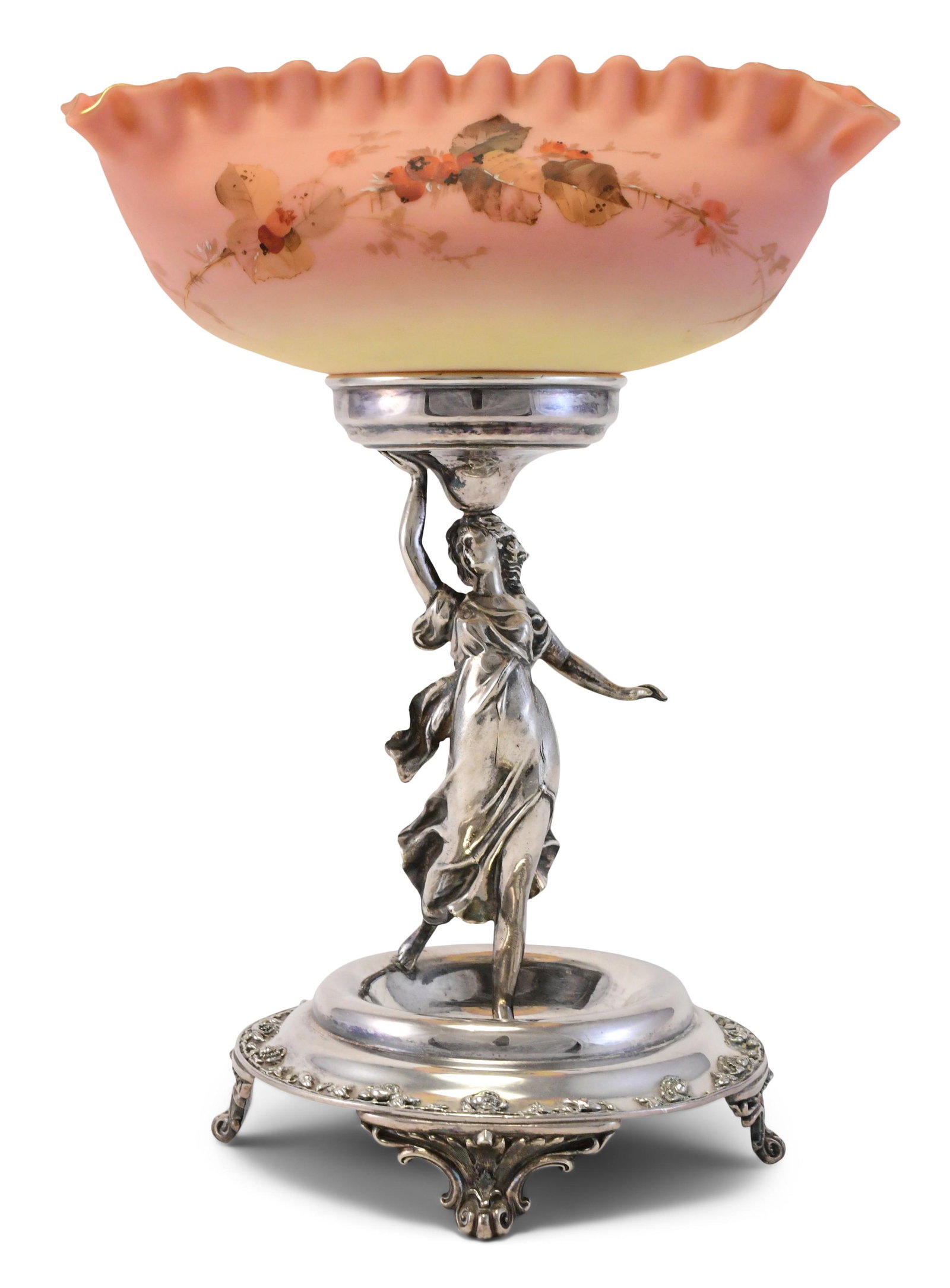 Victorian Silverplate & Glass Figural Bride's Basket with a Thomas Webb & Sons "Queen's Burmese": Victorian Silverplate & Glass Figural Bride's Basket with a Thomas Webb & Sons "Queen's Burmese" Glass Bowlcirca 188015 x 11 x 10 3/4 inchesProvenance:Property from a Texas Estate