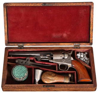 Cased Colt Model 1849 Revolver - J. L. Miller: Cased Colt Model 1849 Revolver Presented To John L. Miller, Serial No. 67096 (c.1853). Pistol is .31 Caliber with blued octagonal 6 in. rifled barrel, 5 shot engraved cylinder with stage coach hold-up