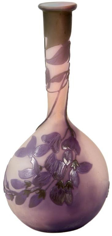 Galle Wisteria Cameo Banjo Vase: Galle Wisteria Cameo Banjo Vase. Banjo form vase with green leaves and branches twisting down the neck and depicting a cluster of wisteria flowers in polished lavender on the body over a frosted laven