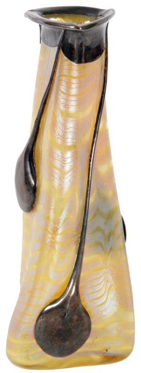 La Pierre Loetz Silver Overlay Vase: La Pierre Loetz Silver Overlay Vase. A twisted obelisk form, lemon yellow art glass with wavy silver iridescent horizontal ribs; mounted with a silver collar and a silver overlaid teardrop dripping do