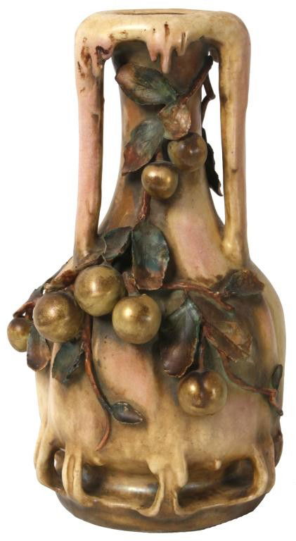Amphora Edda Series Vase W/ Crabapples: Amphora Edda Series Vase W/ Crabapples. Has a bulbous body with a cylindrical neck, decorated with 2 handles and a cluster of golden crabapples with branches and colorful leaves. Signed with Edda & sw