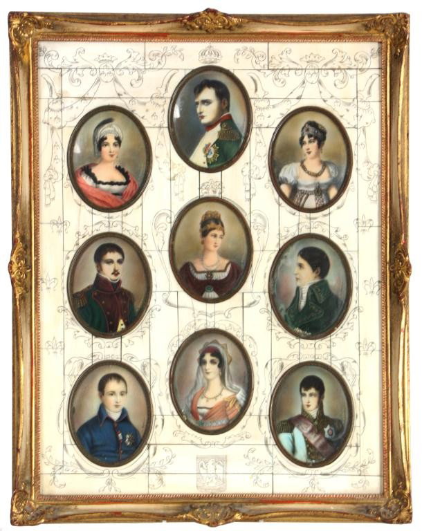 Ivory Plaque W/ 9 Portraits: Ivory Plaque W/ 9 Portraits, Napoleon Family. Engraved ivory back framing 9 individual portraits painted on ivory including Napoleon, Caroline Murat queen of Neapel, Maria Latitia Ramolino married to 
