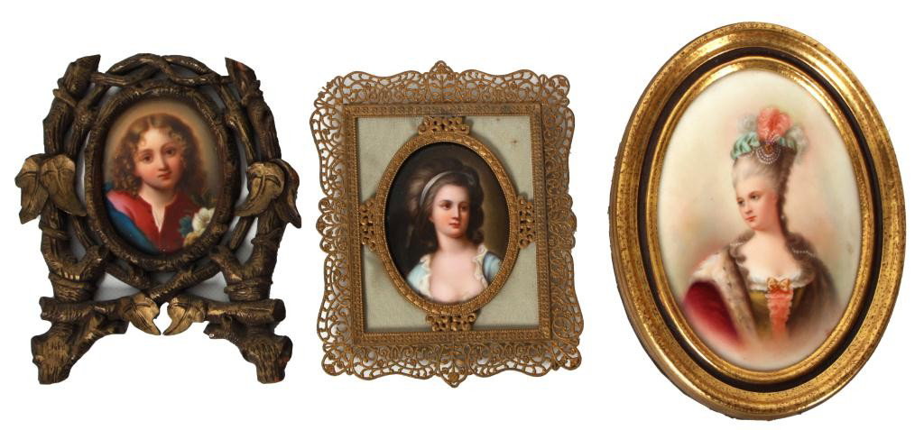 3 Oval Porcelain Portrait Plaques: 3 Oval Porcelain Portrait Plaques. The carved frame is titled - Volto Di Gesu, After Guido Reni; the portrait in the brass frame is Countess Sophie Potocka, After Le Brun; the third is in an oval gilt