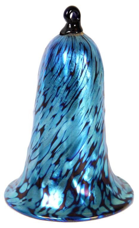 Loetz Oil Spot Blue Smoke Bell: Loetz Oil Spot Blue Smoke Bell. Deep cobalt glass in a typical bell form with a blue iridescent oil spot finish. In excellent condition, no breaks, chips or cracks, 4 in. high x 2.5 in. dia