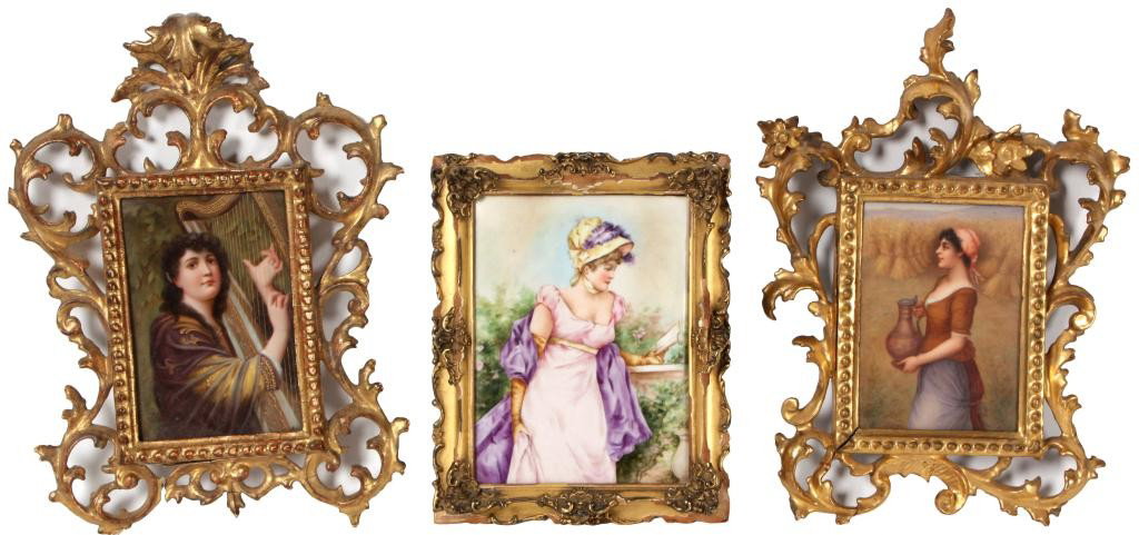 3 Porcelain Portriat Plaques - KPM: 3 Porcelain Portriat Plaques - KPM. The first is titled on the back - Favorite du Harem after Herbert, it depicts a young person playing a harp, it is artist signed with a small chip over the name, no