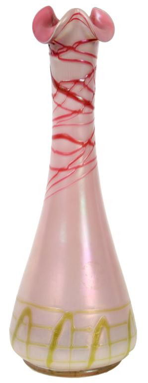 Austrian Artgalss Vase Attr: Loetz: Austrian Artgalss Vase Attr: Loetz. Bulbous base with a thin neck and a flowering rim; an iridescent finish on opaque glass with pink glass interior, threaded red glass around the neck and green aroun