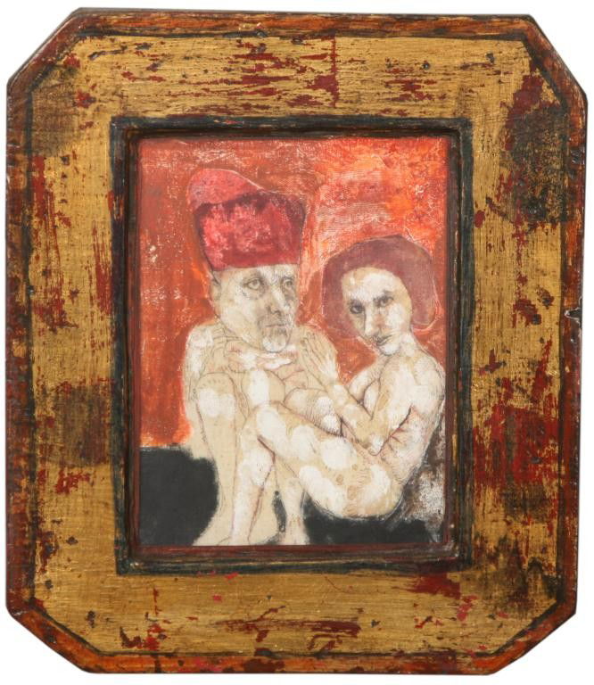 Leonel Gongora Erotic Painting: Leonel Gongora (1932-1998) Mixed Media Erotic Painting. Ink and acrylic on cloth, titled - Retable Pidiendo Salvar El Matrimonio. Circa 1963, in excellent condition; 9 in. High x 7
