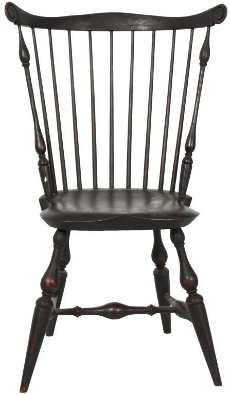 Windsor 9 Spindle Sidechair: Windsor 9 Spindle Sidechair. A thin serpentine crest-rail with scroll carvings at the ends, turned side posts with a 9 spindle back, shaped plank saddle seat with turned legs pegged through and spindl