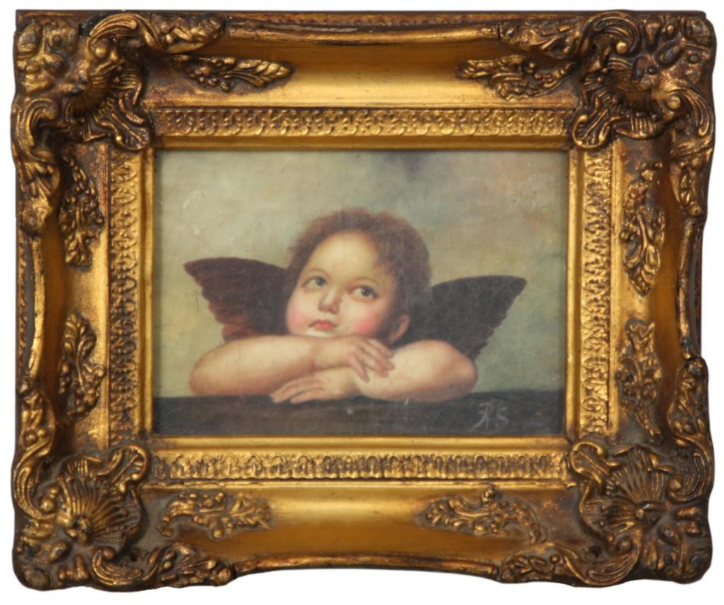After Raphael O/C Angel: Mid 19th C. O/C Angel From After Raphael from the Sistine Madonna. This is a nice replica of the angel shown in the lower right of the original masterpiece painted in the 16th century. 5 in. High x 6