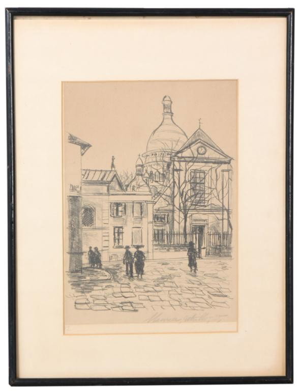 Maurice Utrillo - La Place du Tertre: Maurice Utrillo Lithograph - La Place du Tertre. Originally drawn in pencil, the scene has a small group of people walking through the square, the dome of Sacre Coeur can be seen in the background; ed