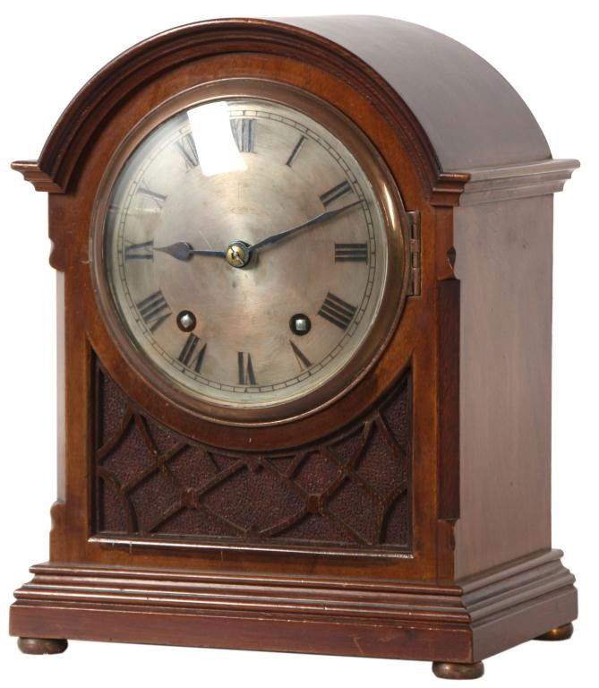 Winterhalder Hoffmeier Mantle Clock: Winterhalder Hoffmeier German Mantle Clock. 5 in. Silvered metal dial with black incised Roman numeral, black minute hand and spade hour hand, brass movement signed W&H Sch, has brass pendulum bob wit