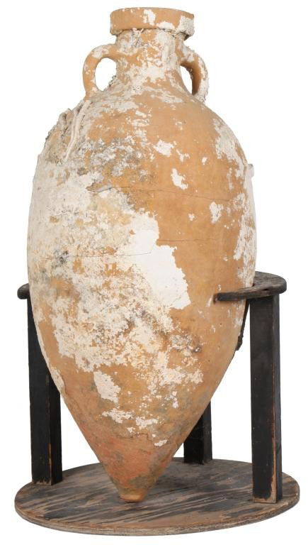 Large Greek Amphora Vase: Large Greek Amphora Vase. This is a large antique vase has an Amphora shape with a tapered bottom, bulbous mid section, tapering up to the neck with 2 handles and a folded collar. Vase has a hairline