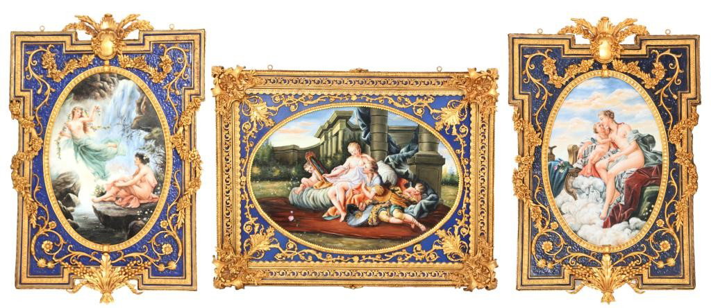 Late 20th C. Figural KPM Plaques: 3 Figural KPM Plaques. Impressive plaques are overlaid with gilt metal borders, swirling filigree, garland and medallions; hand painted with oval scenes, one with 2 nymphs by a waterfall, another with