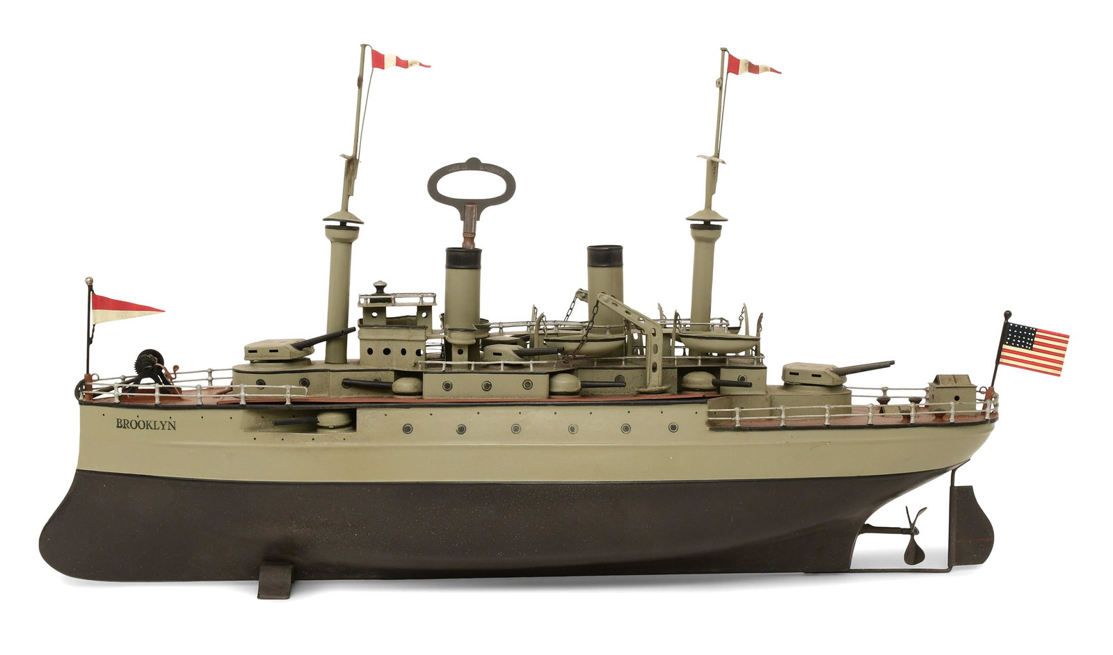 Georges Carette Tin Battleship Toy: Georges Carette Tin Battleship Toyearly 20th centurywith working propellers powered by spring driven clockwork mechanisms wound through the front steam stack, marked "Brooklyn"11 1/2 x 21 x 4 1/2 inch