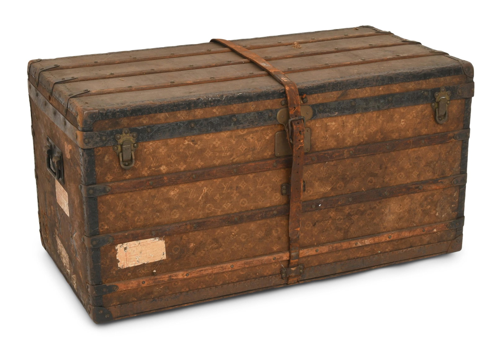 Louis Vuitton Monogram Steamer Trunk: Louis Vuitton (Paris, founded 1854) Monogram Steamer Trunk early 20th century printed canvas, wood, brass, leather, linen marked "Louis Vuitton / 70. Champs Elysees, Paris / 149 New Bond Street, Londo