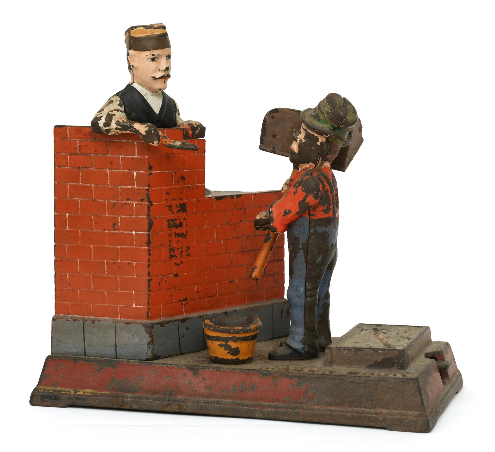 Shepard Hardware Co. "Mason" Mechanical Bank: Shepard Hardware Co. "Mason" Mechanical Bank late 19th century painted cast iron marked "Mason Bank" 7 x 7 1/2 x 4 inches Provenance: Private Collection, Massachusetts