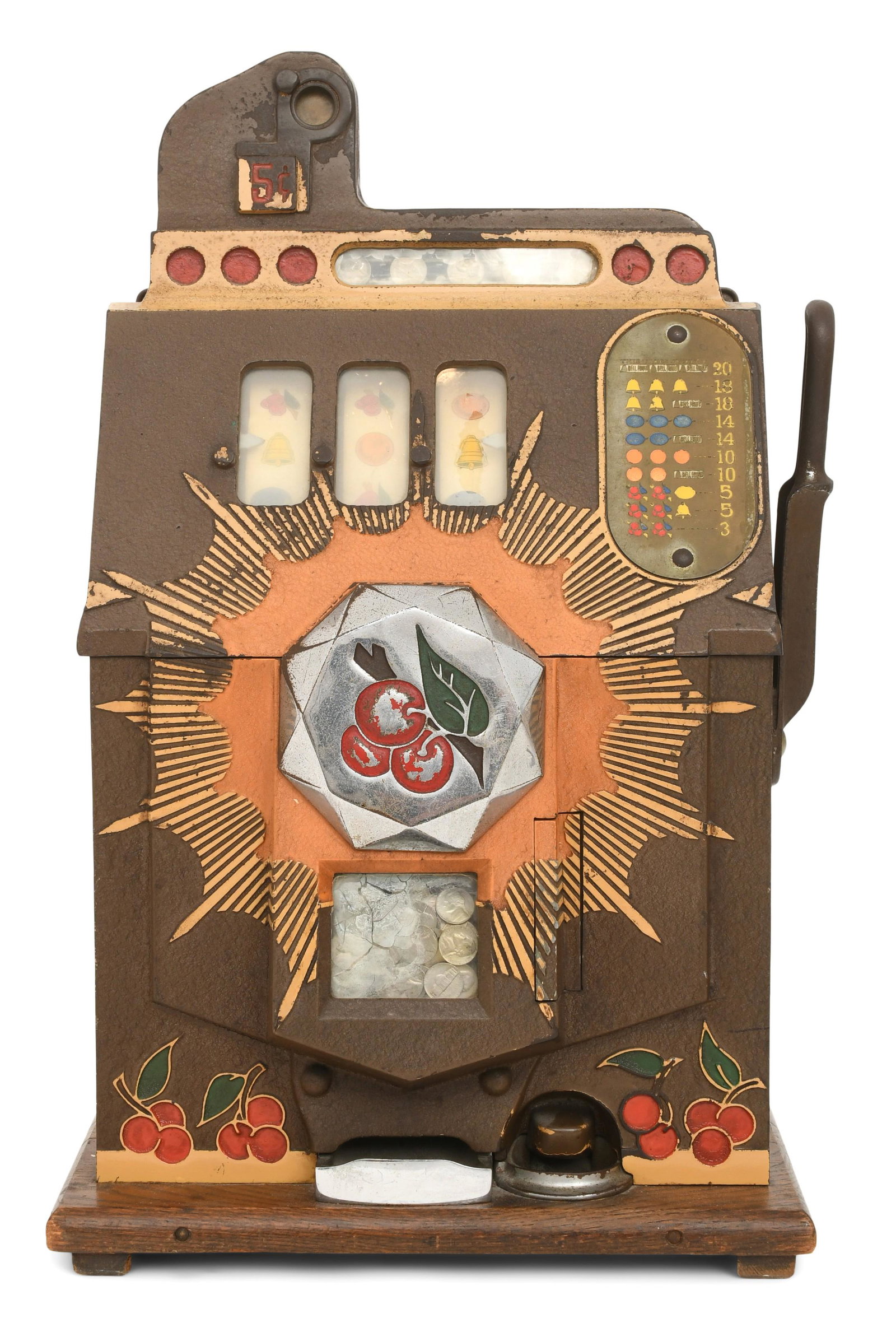 Mills Novelty Co. 5 Cent Slot Machine: Mills Novelty Co. 5 Cent Slot Machine 20th century painted metal, glass, walnut signed with firm's mark 25 1/4 x 16 x 15 inches Provenance: Private Collection, New York