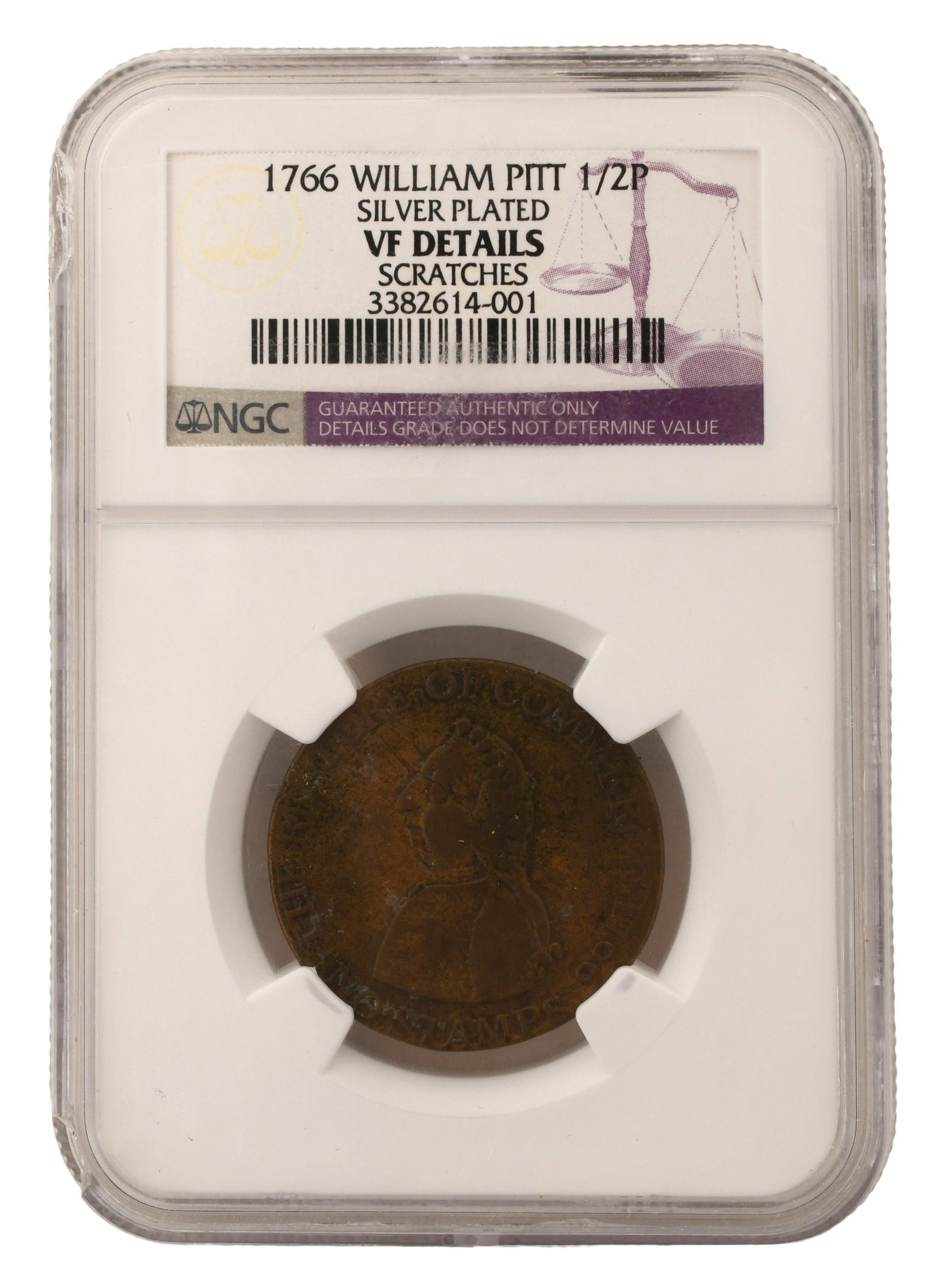 1766 William Pitt Silver-Plated Half Penny, NGC Graded: 1766 William Pitt Silver-Plated Half Penny, NGC Graded Provenance: Private Collection, Florida