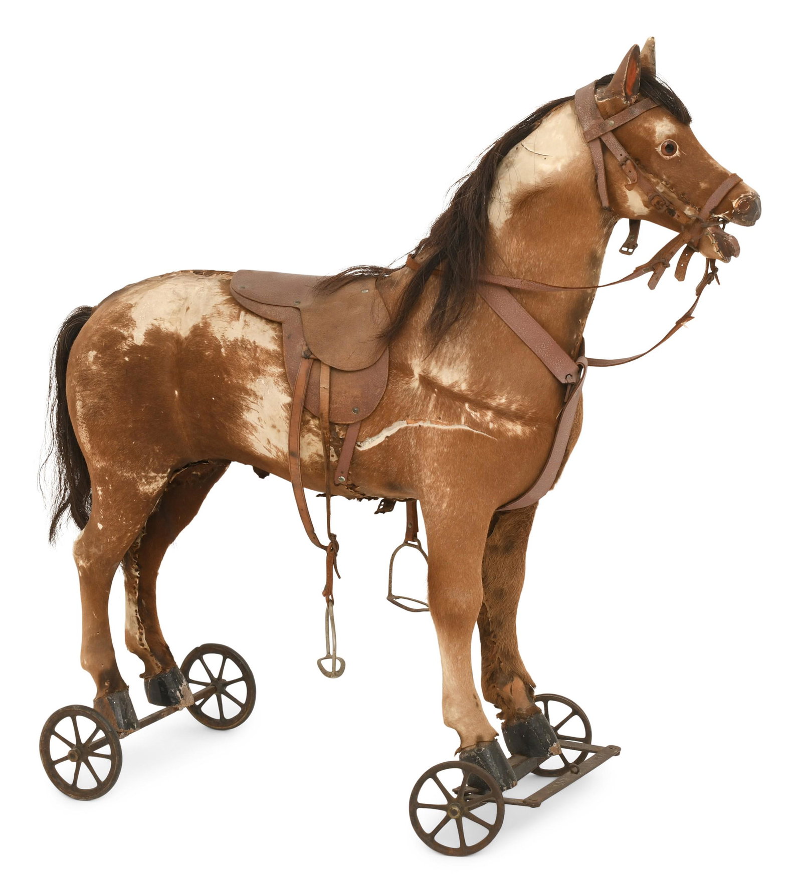 Large Hide-Covered Horse Pull/Riding Toy: Large Hide-Covered Horse Pull/Riding Toy 19th century the front wheel platform with illegible signature 36 1/2 x 36 1/2 x 14 inches Provenance: Private Collection, New York