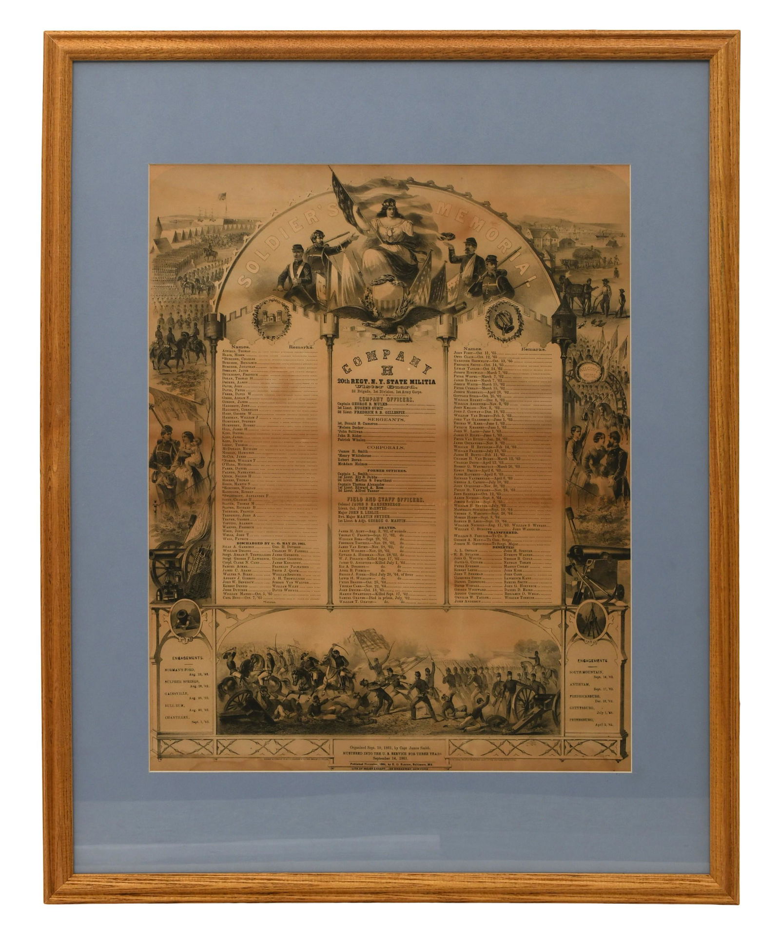 Civil War Soldier's Memorial for the 20th Regiment New York State Militia: Civil War Soldier's Memorial for the 20th Regiment New York State Militiacirca 1865marked "Organized Sept. 10, 1861, by Capt. James Smith / Mustered Into The U.S. Service For Three Years / September 1