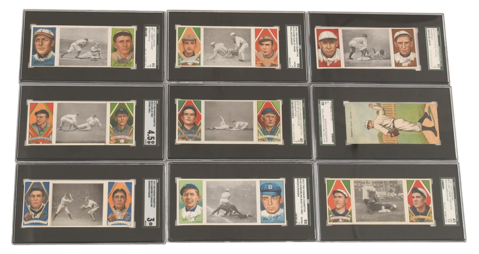 Lot of Nine SGC Graded Hassan Cigarettes Triple Folder Baseball Cards: Lot of Nine SGC Graded Hassan Cigarettes Triple Folder Baseball Cards Provenance: Private Collection, Florida